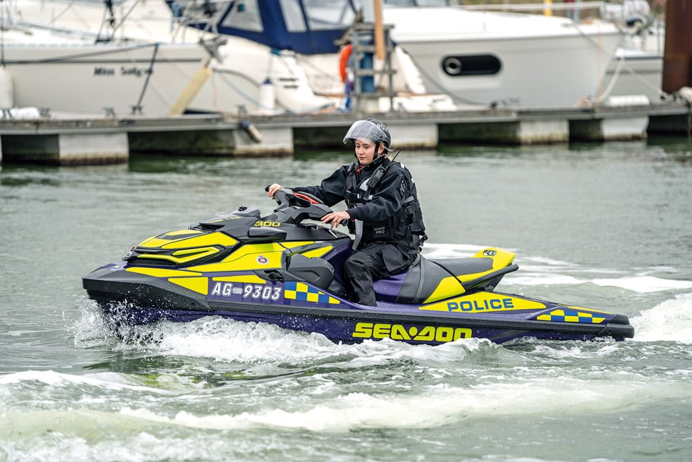 PC Fin Clark Essex Police Marine Unit at Burnham on Crouch. Sea-Doo PWC
