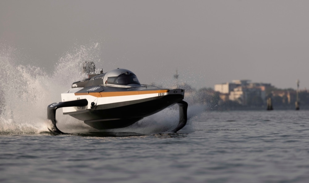 E1 ‘RaceBird’ electric foiling powerboat testing. E1 Venice GP