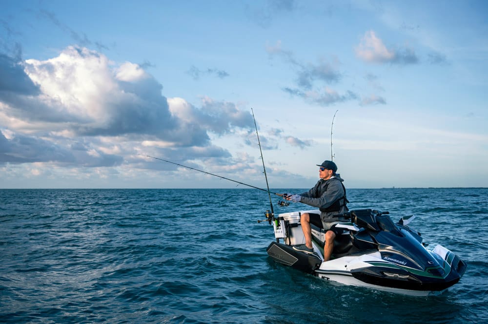 The Orca hard cooler has built-in fishing rod holders. Kawasaki jet ski