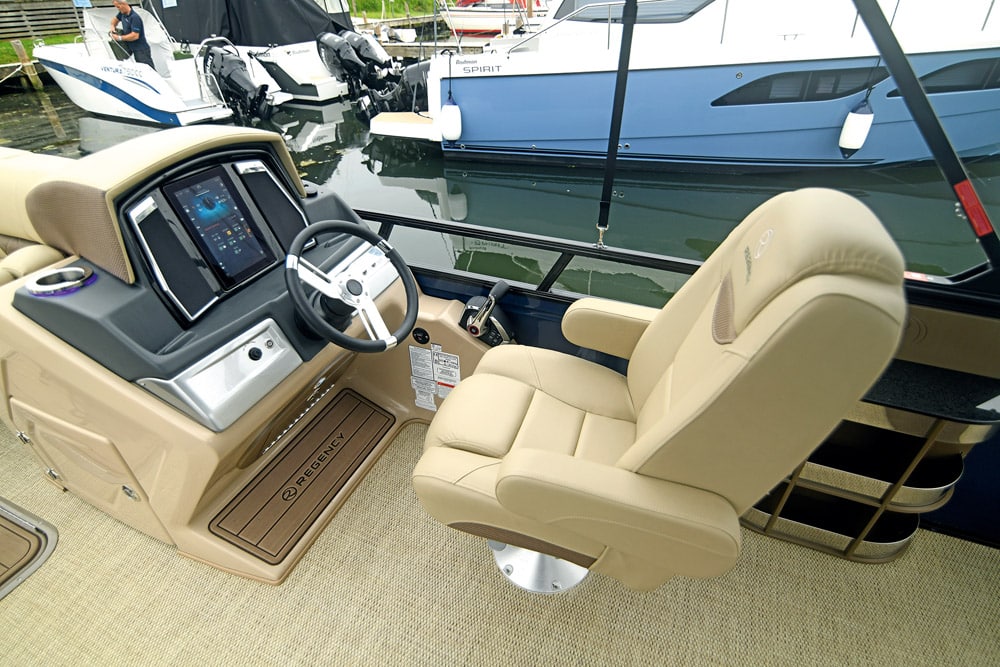 Regency 250 LE3 Sport Pontoon Boat. The helm seat just soaks you up.