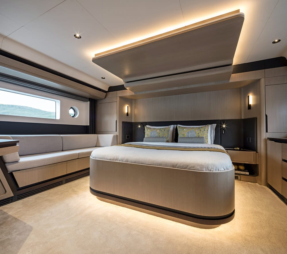 The master cabin makes full use of the boat’s wide beam. Sirena 48