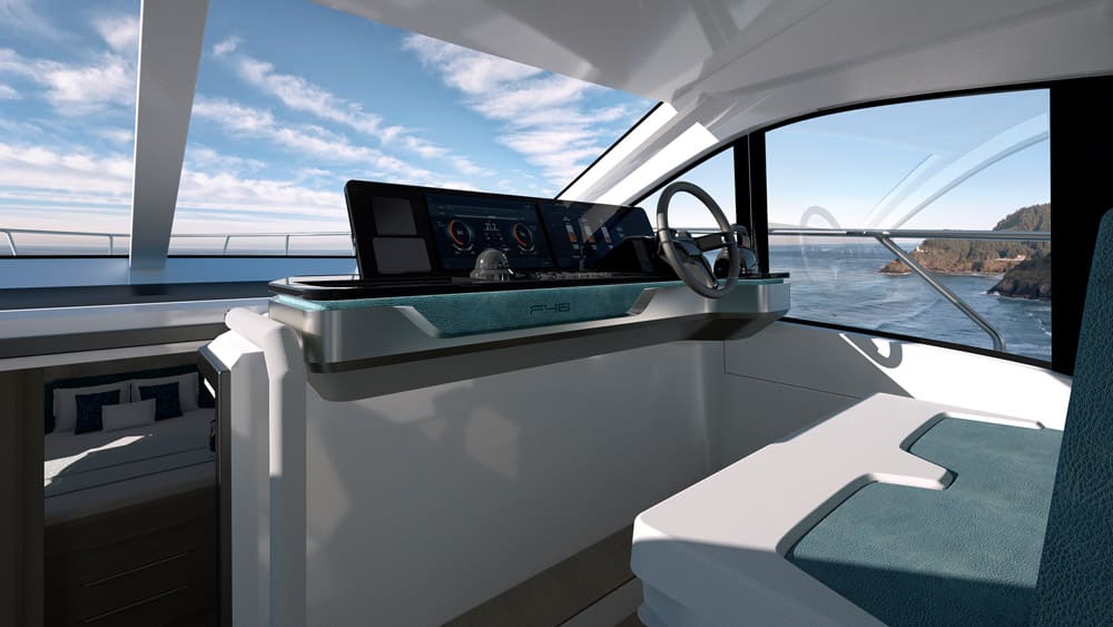 Sessa F48. The helm is contemporary and uncluttered.