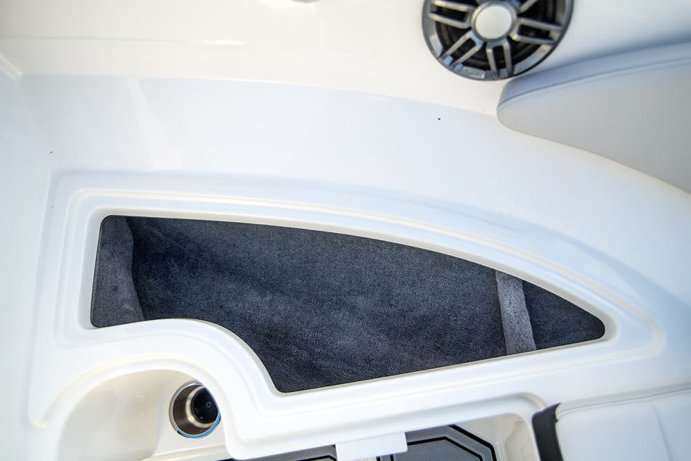 Carpet-lined forward lockers are a neat touch. 
