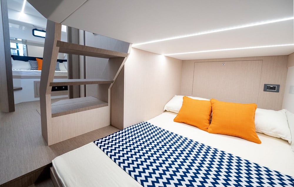 Gozzo Cabin 38. The mid cabin lies aft of the steps.