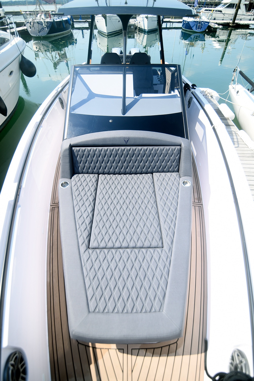 Virtue V10 Boat test. A long but slim sunbed on the foredeck.