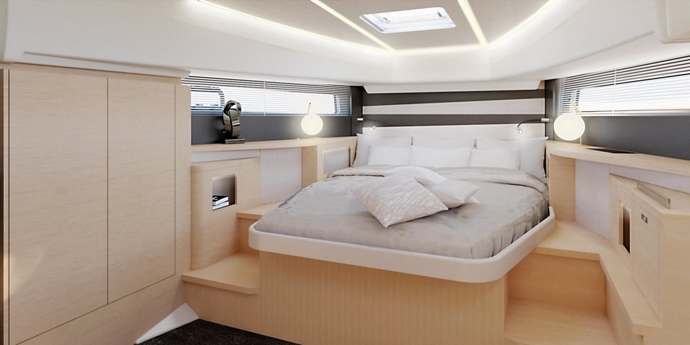 The forward cabin is well lit and has full standing headroom.