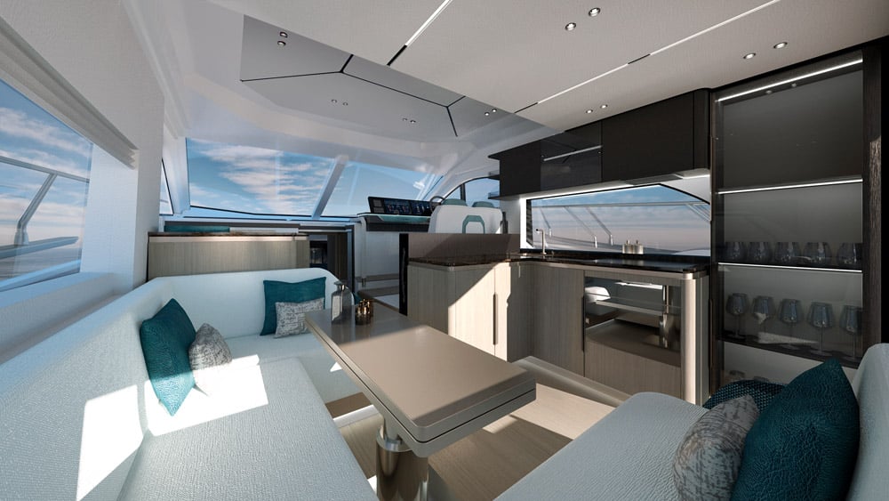 Sessa F48. This is the three-cabin layout, which puts the galley on the starboard side. 