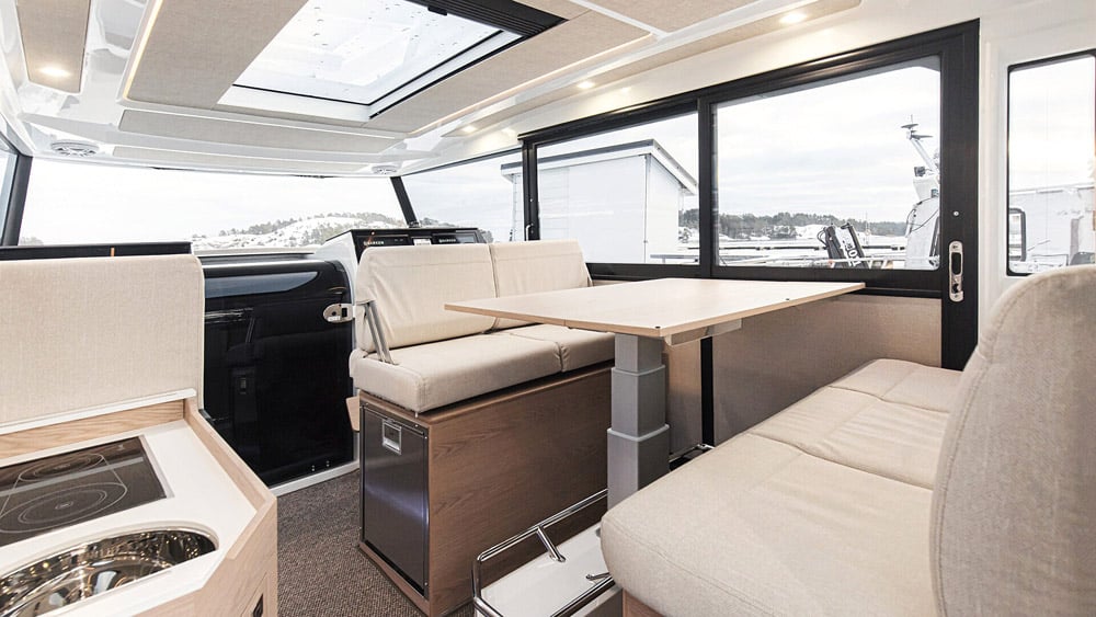 Quarken 35 Cabin. The dinette enjoys an elevated position.