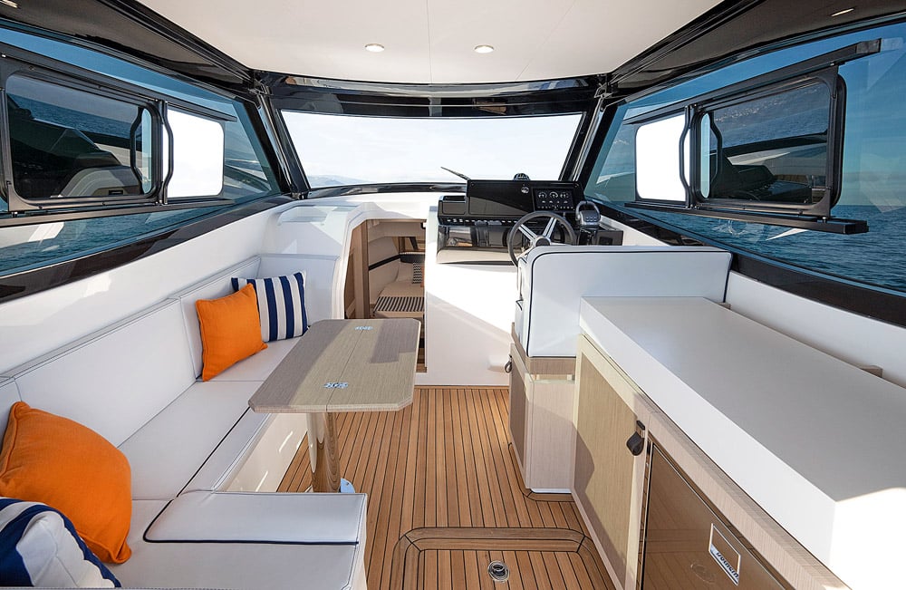 Gozzo Cabin 38. The wheelhouse is relatively slim but with good all-round visibility.