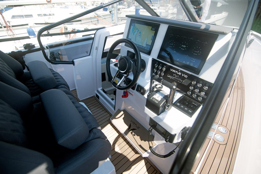 Virtue V10 Boat test. The helm is well equipped but a bit cramped.