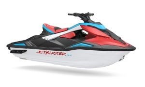 Blue, red and white jetski studio image on white background