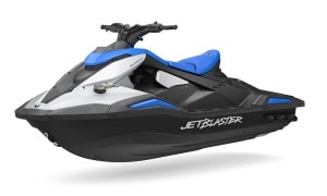 Blue and white jetski studio image on white background