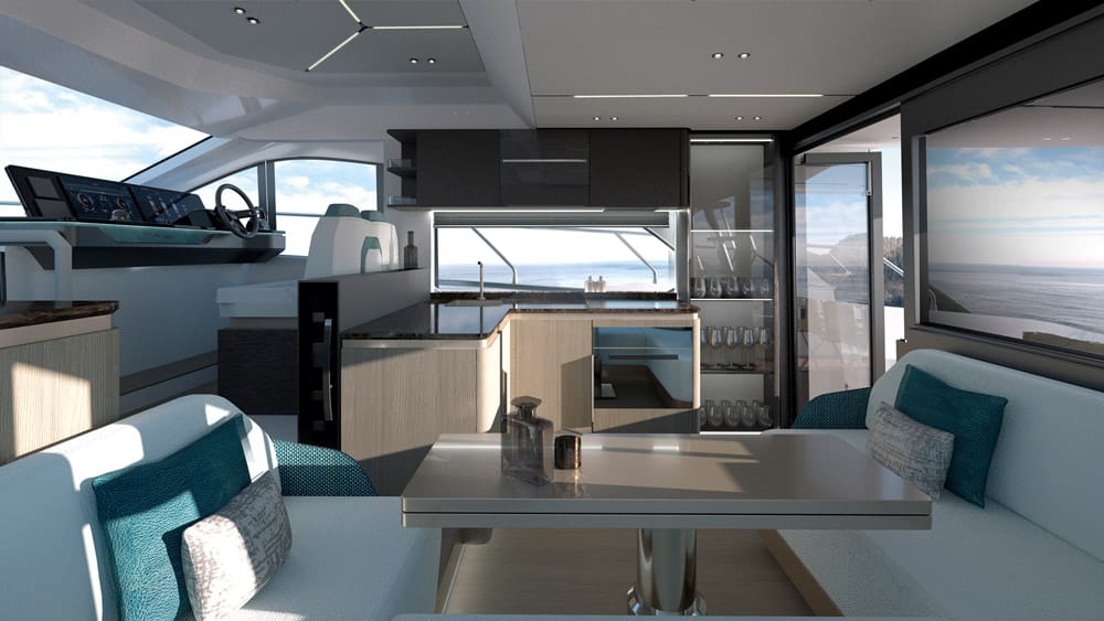 Sessa F48. The starboard galley design has less saloon storage, but a big cabinet for glasses. 