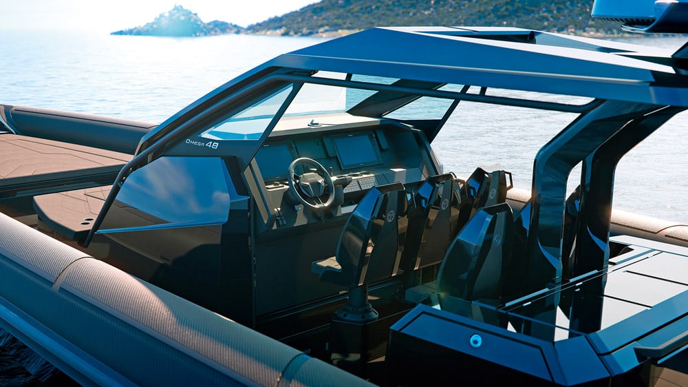Technohull Omega 48 - A serious helm with six shock-mitigating seats.