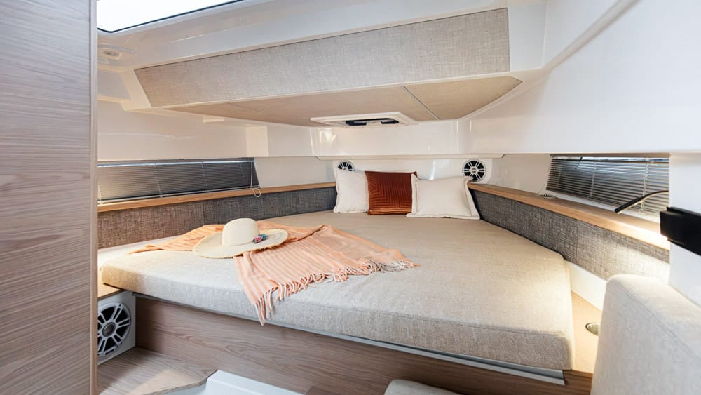 Quarken 35 Cabin. The double bed is wide but tapered.