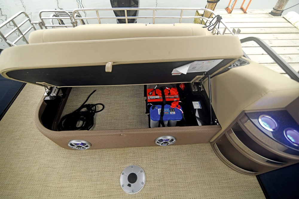 Regency 250 LE3 Sport Pontoon Boat. Easy battery access.