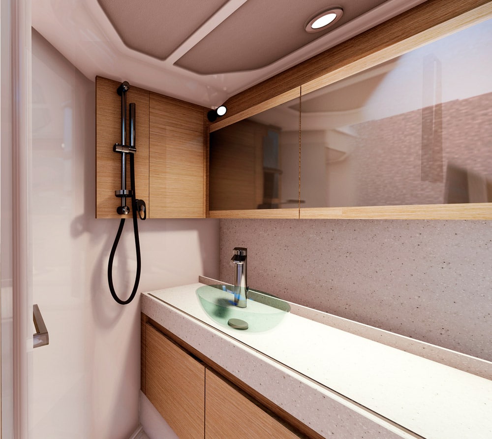 Saxdor 400 GTC - Full headroom in the heads, but no separate shower compartment.