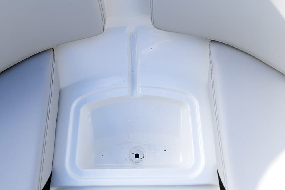 This self-draining anchor lies under the forepeak seat.