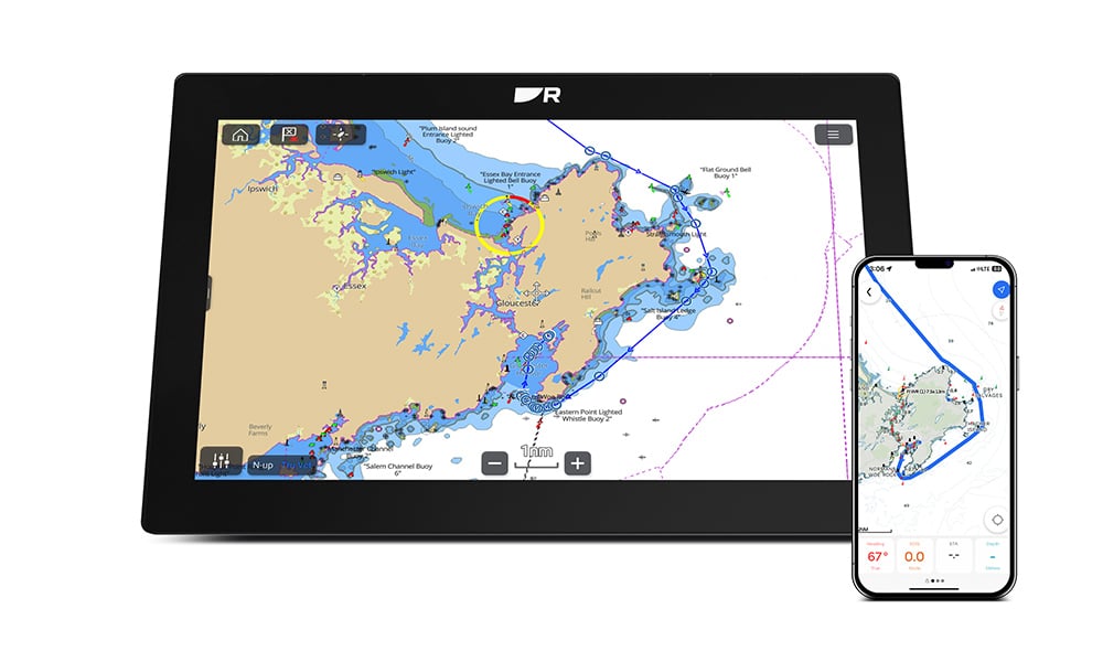 Raymarine Axiom 2 XL marine display and smartphone both showing synchronised nautical charts and GPS route planning.