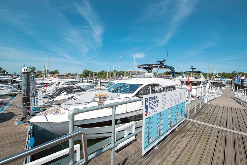 Motoryachts in a marina at British Motoryacht Show