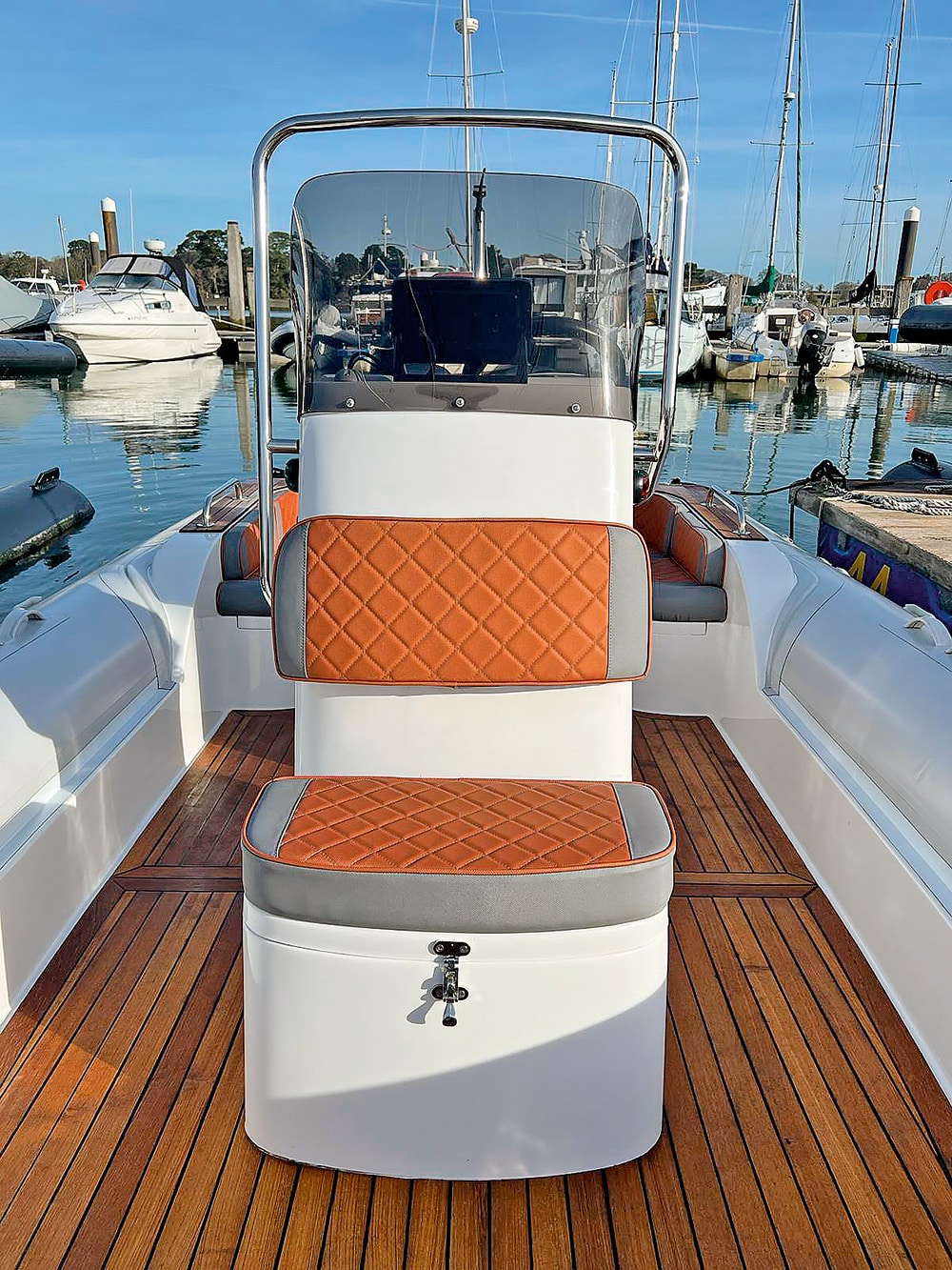 The current boat features Iroko teak decking. New models will feature Flexiteek.