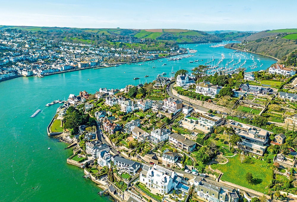 Dartmouth, River Dart. River Dart with Dartmouth on the west side and Kingswear in the foreground. © iStock-Thomas Faull