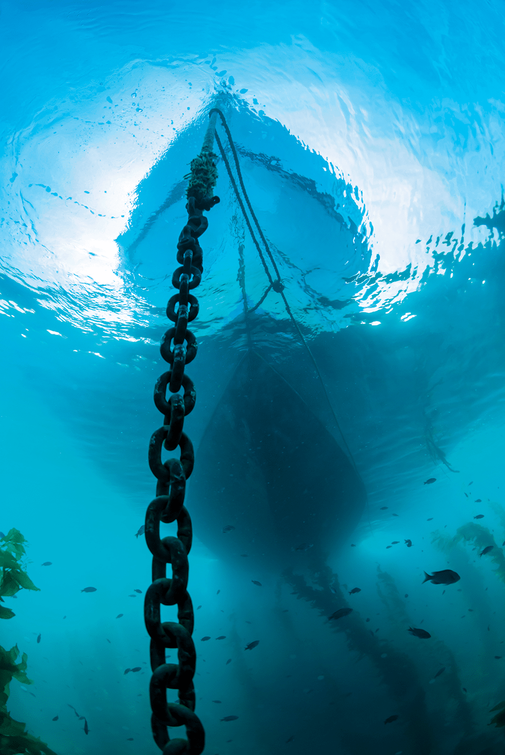 Anchor warp made fast to a sufficiently long length of chain