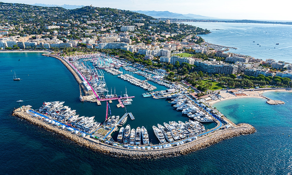 Ariel view of Vieux Port and Port Canto during Cannes Yachting Festival.