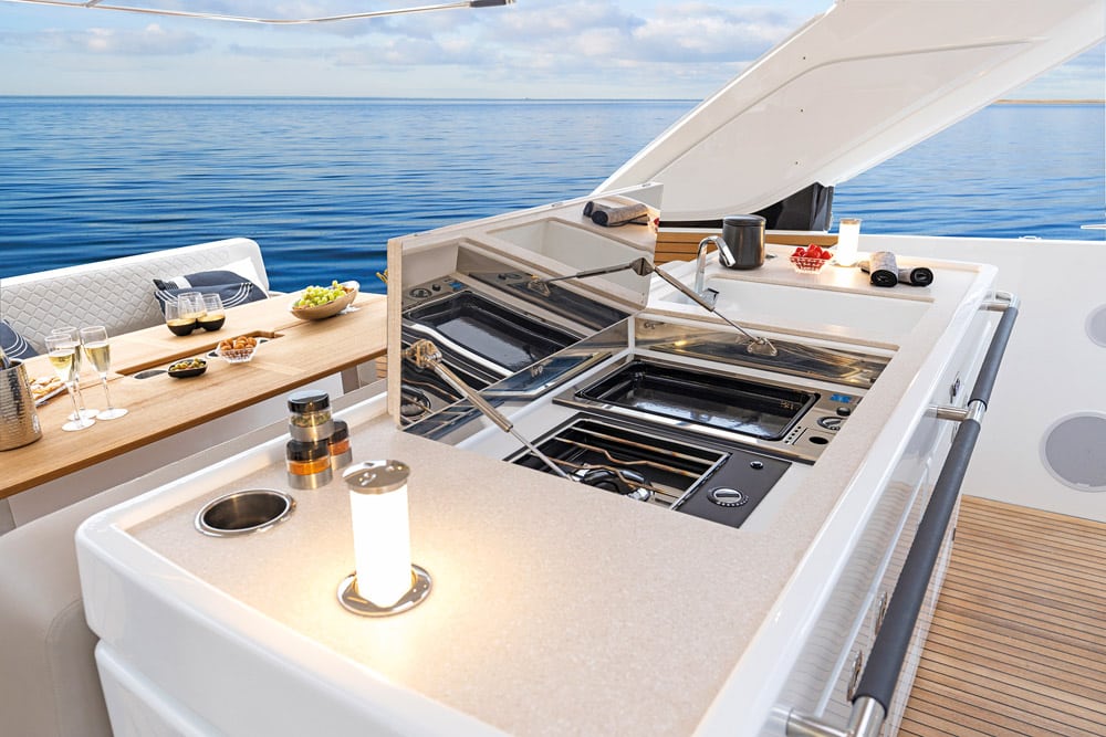 ©JEAN-BAPTISTE D'ENQUIN The galley is well thought out and can be covered whilst on passage. Note - the retractable lights are a neat feature.