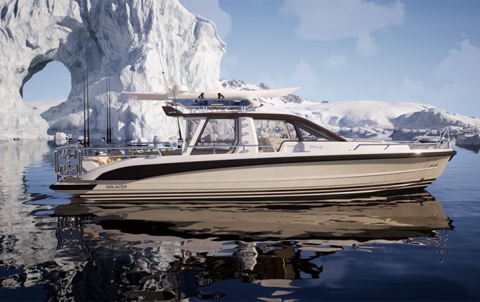 Solace expedition chase boat floating near polar ice formations, equipped for adventure.