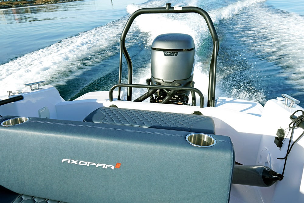 Marine electric and hybrid propulsion. Evoy Storm 300hp electric outboard fitted to an Axopar