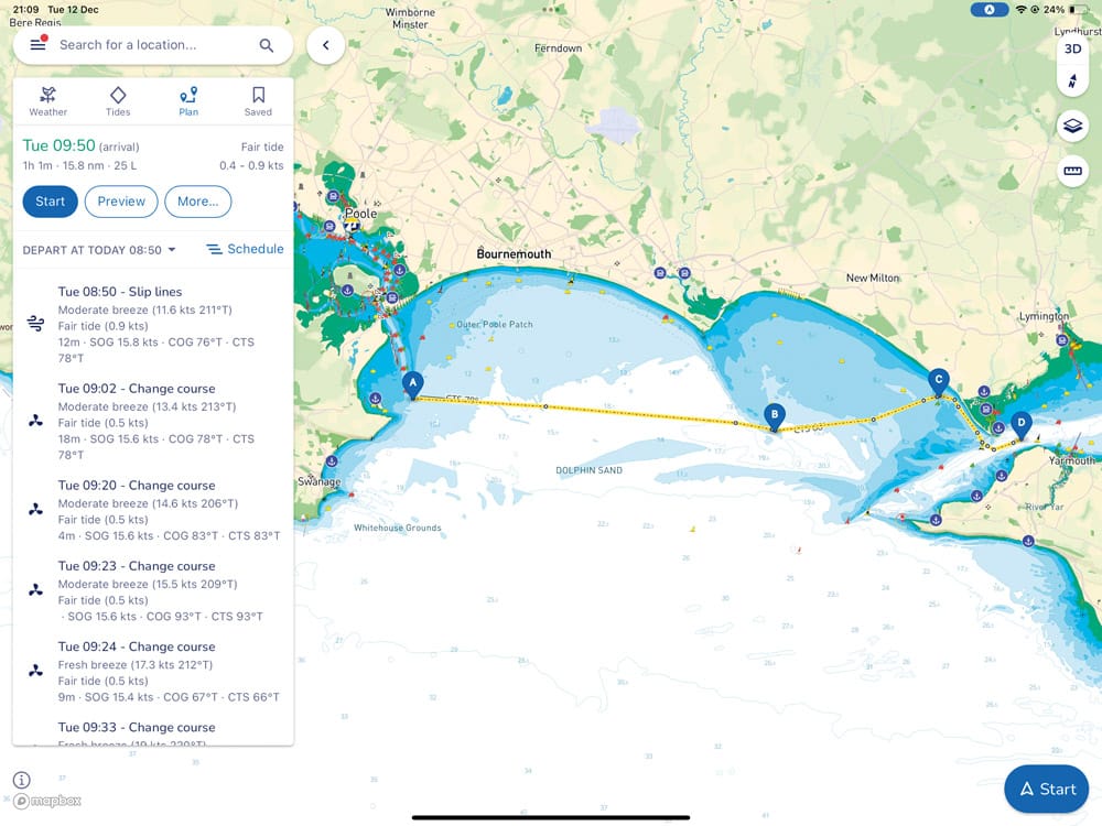 savvy navvy plotted route Poole to the Solent