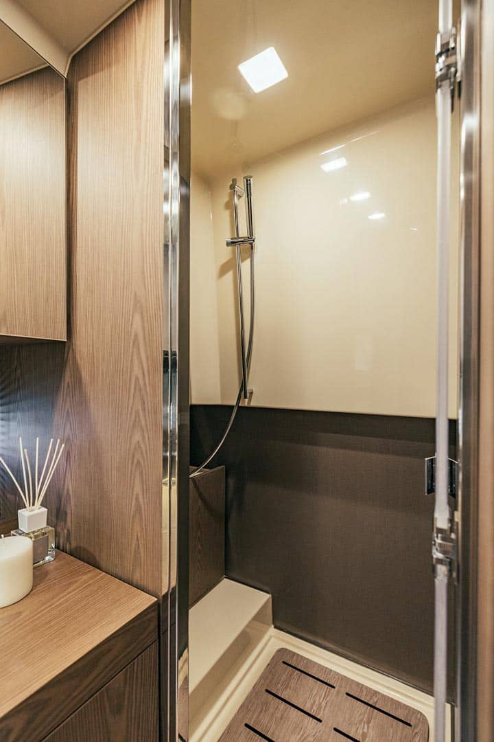 A full standing headroom shower.
