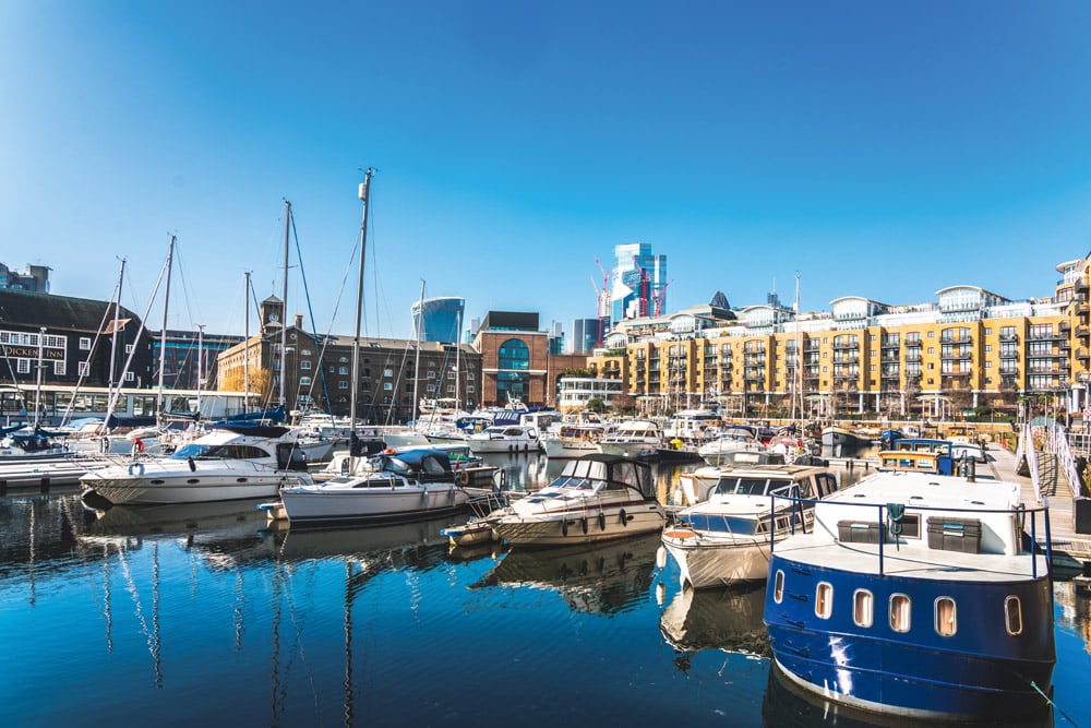 Marina and luxury flats, St Katharine Dock, London, England, UK