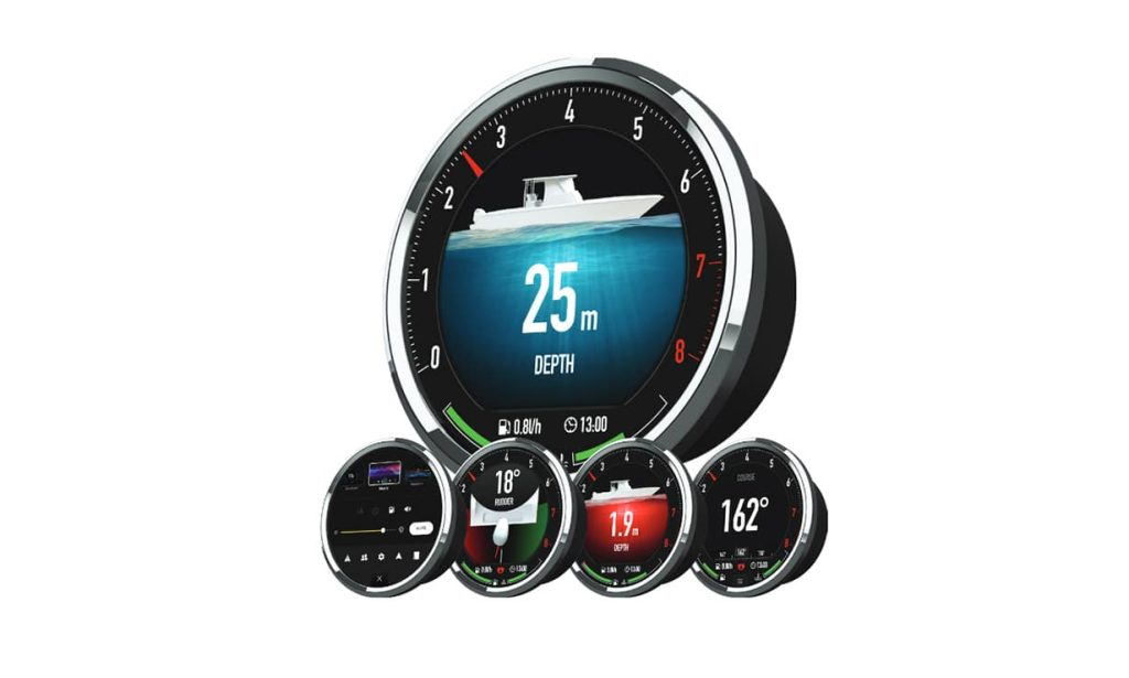 5 screen views of information and options on the new touchscreen Marine Gauge launched by LX Nav.