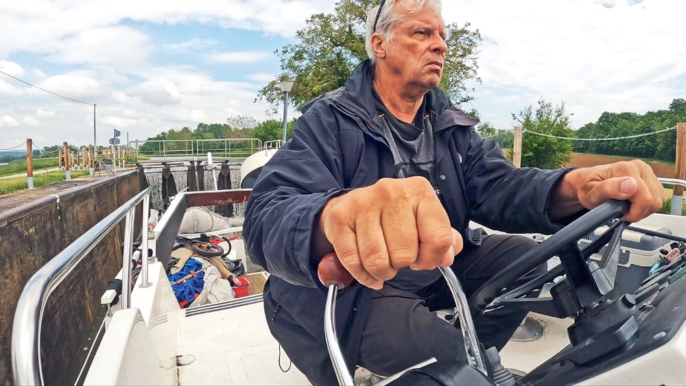 Navigating one of many hundred locks I passed through.
