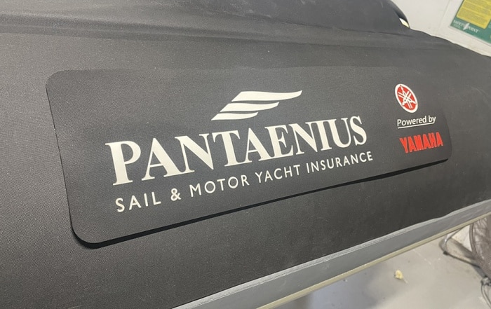 Pantaenius' logo with Yamaha branding displayed on the side of the 7.5m RIB by Island RIBs.