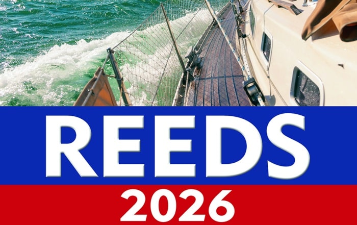 A yacht sailing through green waters, overlaid with bold REEDS 2026.