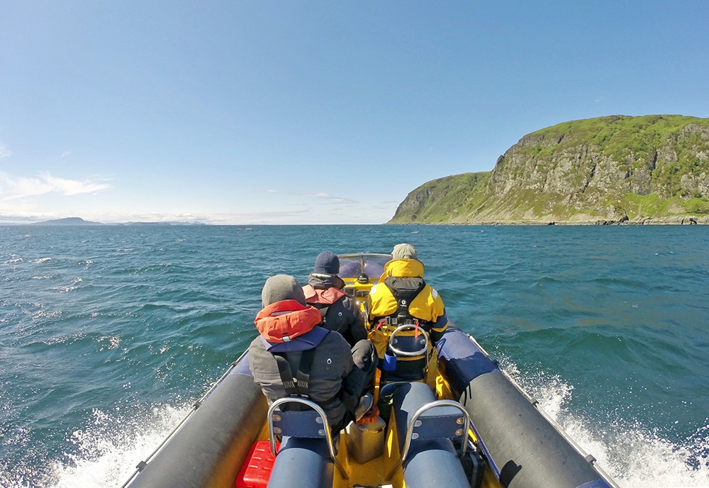 Glorious day at sea, blue sky with a light swell and moderate wind.