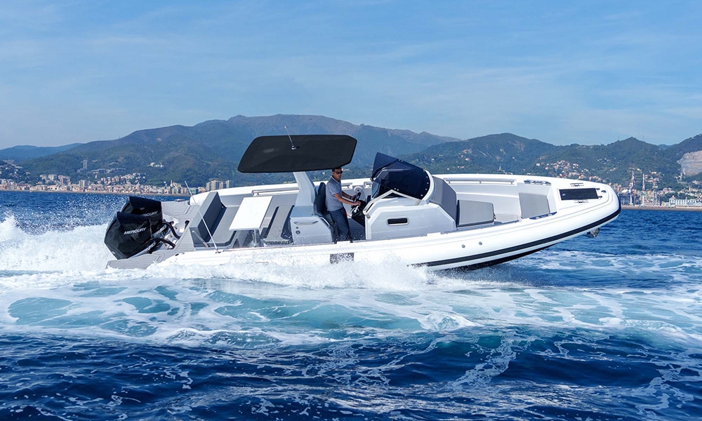 white Sacs Technorib boat underway at sea