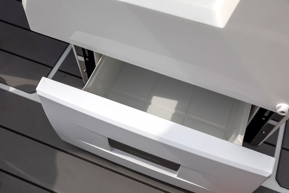 Slide out Dometic fridge drawer.