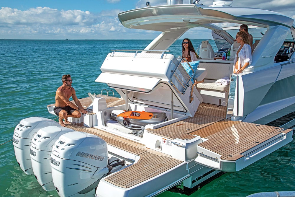 Three 350hp Mercury V10 engines won`t leave you wanting for more power.