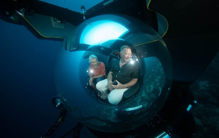 Two people seated inside a U-Boat Worx submersible dome, exploring deep ocean waters with clear visibility.