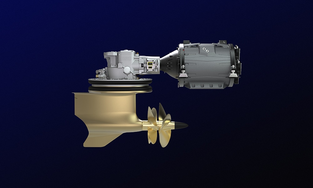 Volvo Penta electric IPS propulsion unit showing integrated electric motor, gearbox and dual contra-rotating propellers.