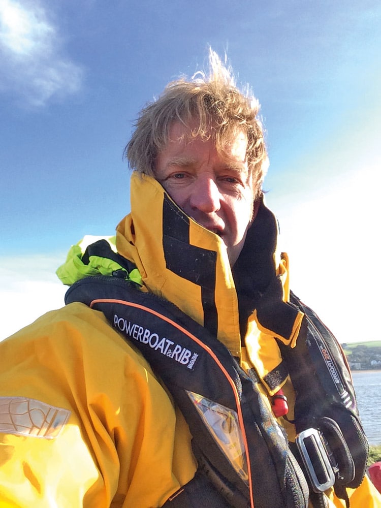 Wearing the right kit can save your life. Besides the Ergofit lifejacket, a Kannad PLB is carried in the pocket of the dry suit.