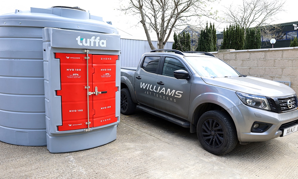 New 6,000 litre Hydrotreated Vegetable Oil tank next to Williams Jet Tenders company Nissan truck at the Oxfordshire headquarters.