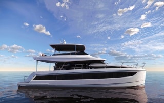 Modern twin-hull YOT 53 power catamaran cruising on calm sea under a bright sky, showcasing its sleek design and spacious upper deck.
