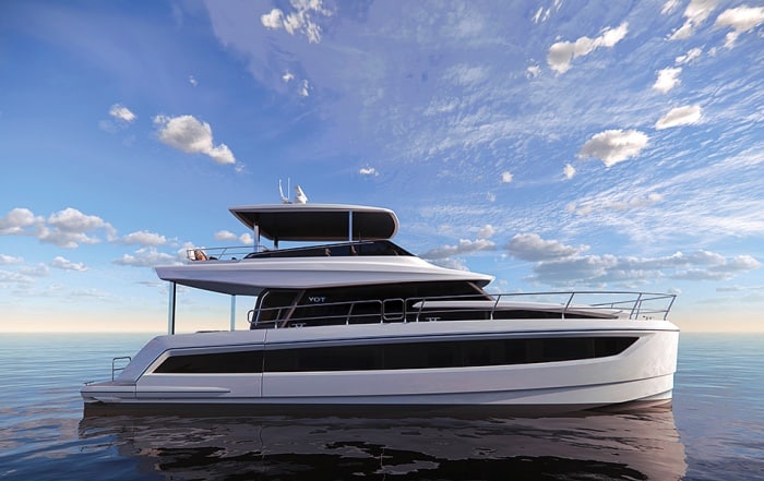 Modern twin-hull YOT 53 power catamaran cruising on calm sea under a bright sky, showcasing its sleek design and spacious upper deck.