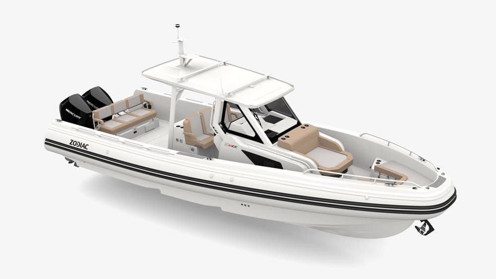 Zodiac X10CC. Engine options are either twin 300hp V6 Mercury Verados or twin 400hp Mercury V8s