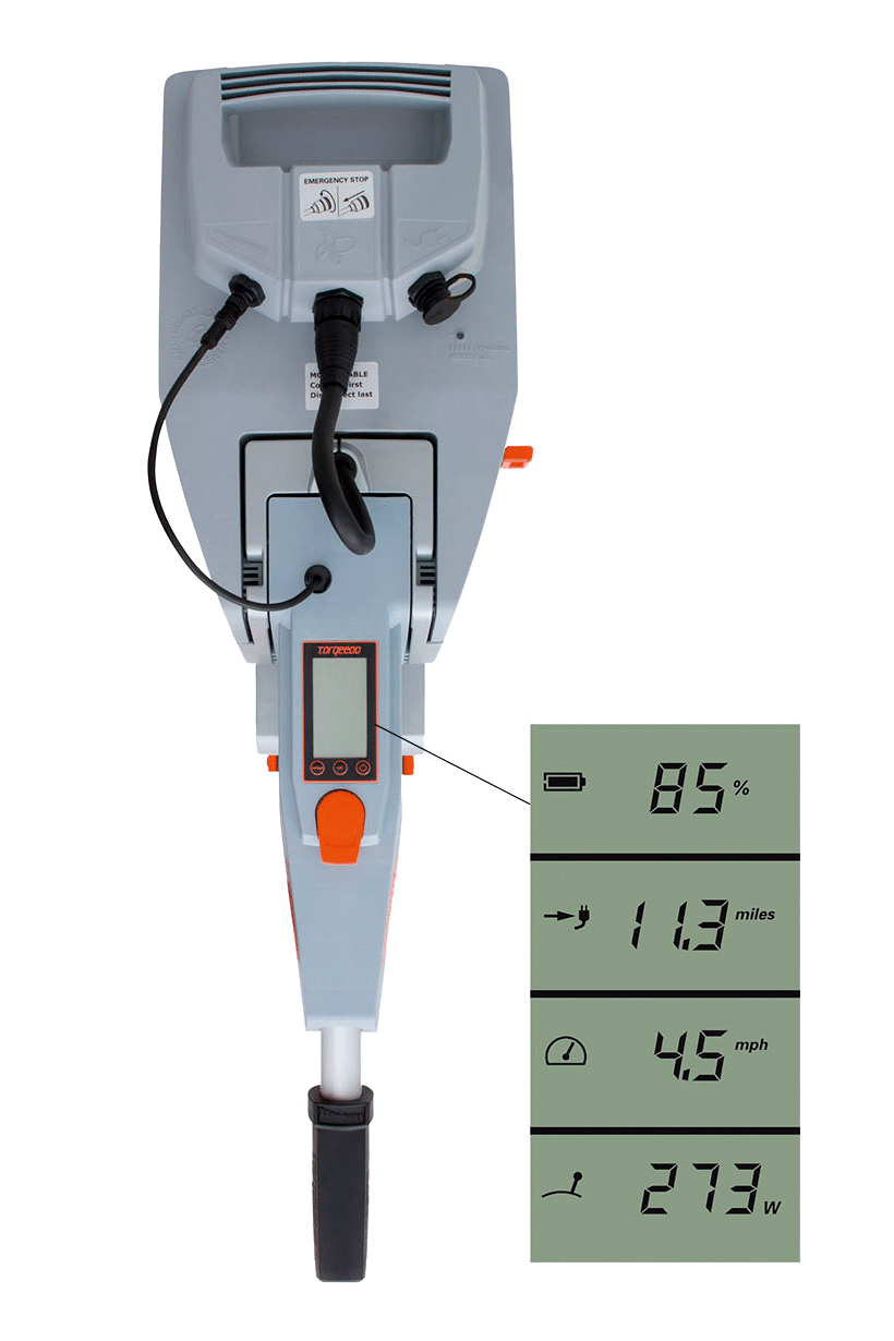 Torqeedo tiller provides basic data (speed + range + remaining battery charge) denied to small petrol outboards.